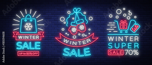 Winter sale is a set of banners in the neon style. Vector illustration on Winter, New Year and Christmas discounts and sales. Collection of neon signs, vivid sign, luminous advertising, postcard
