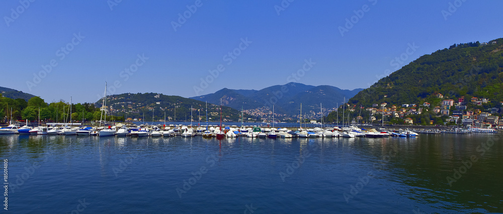 Lago di Como a Como con Barche Lombardia Italia Europa Boats on Como Lake Lombardy Italy Europe