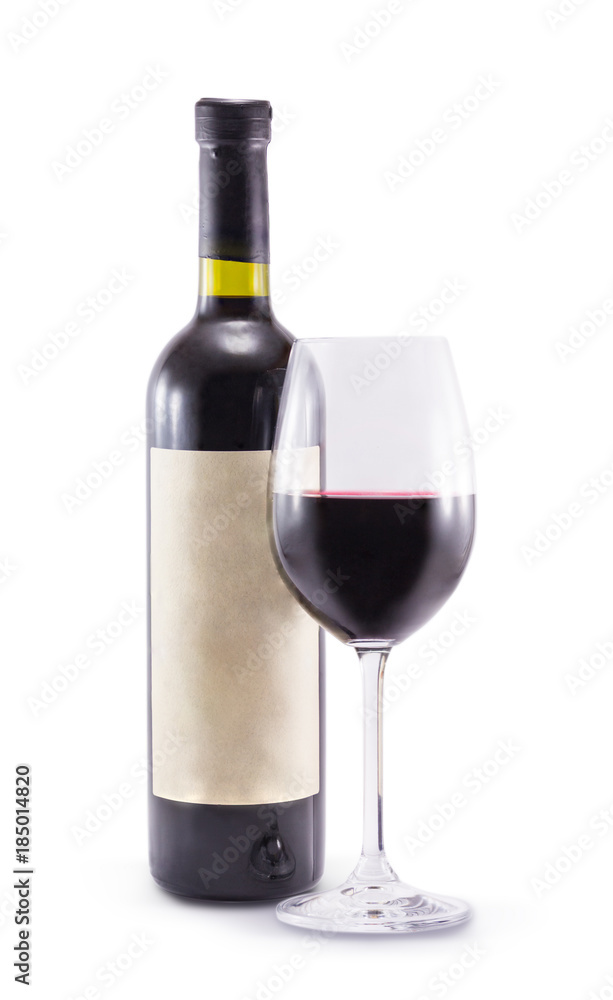 A bottle of wine and a glass isolated on a white background A bottle of wine and a glass isolated on a white background