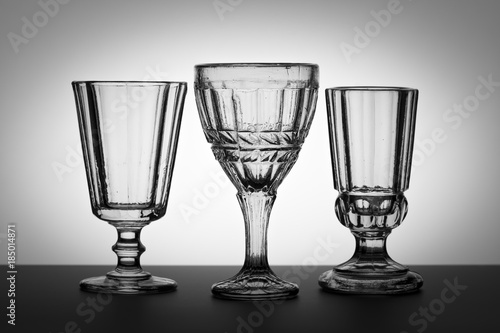 Vintage glasses for alcoholic beverages. Studio photography.