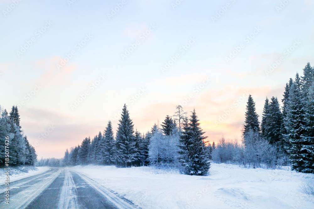 Obraz premium Winter forest road, christmas in Finland