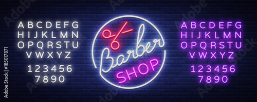 Logo, neon sign hairdresser and barbershop. Emblem, neon style label. Bright advertising billboard advertising banner, luminous banner. Vector illustration. Editing text neon sign. Neon alphabet