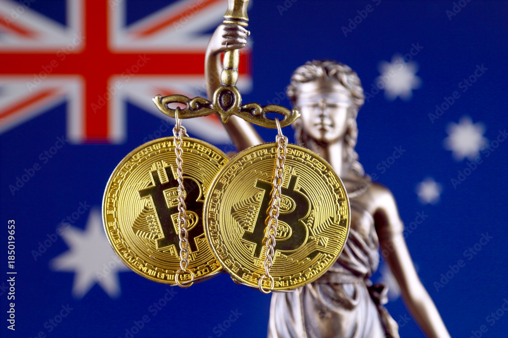 Φωτογραφία Symbol of law and justice, physical version of Bitcoin and Australia Flag