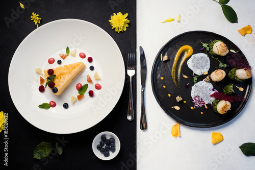 contrast restaurant meals gourmet concept. delicious luxury food. kitchen art
