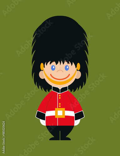 The guard of the queen. Flat design on a green background. National icon of Britain. Symbol of London. Soldier in traditional uniform. red coated in bearskin hat.Vector illustration