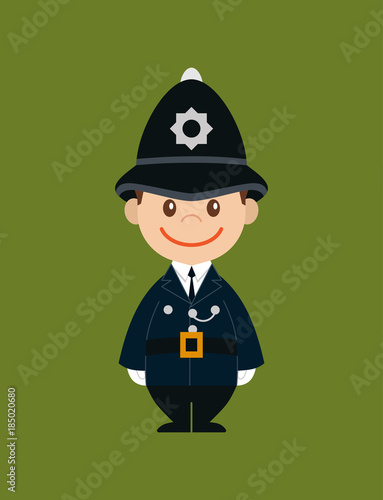  British London policeman character.Policeman on a background of khaki color.Vector flat cartoon illustration