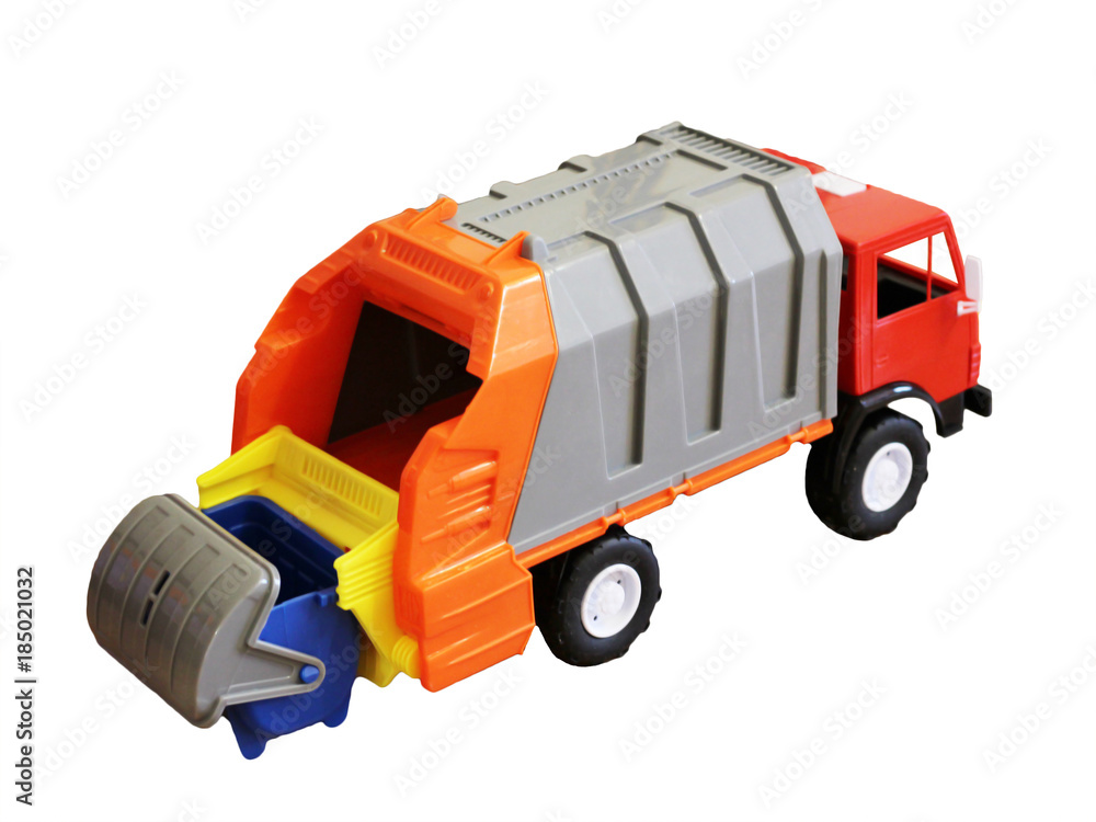 Vivid toy garbage truck from plastic isolated on white background