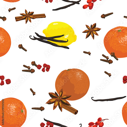 Spices and citrus fruits used in New Year's dishes. Oranges, mandarin, lemon, vanilla, anise, cinnamon, cloves on a white background. Seamless pattern.
