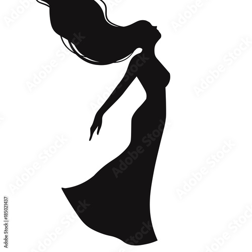 Silhouette of a female figure, hair fluttering in waves. Woman in evening dress.