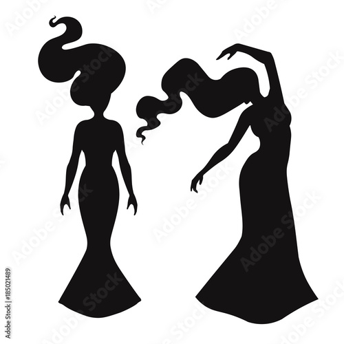Silhouette of a female figure, hair fluttering in waves. Woman in evening dress.