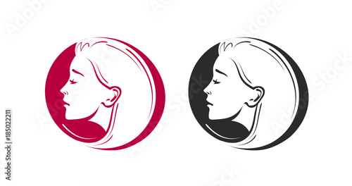 Beauty shop, salon, barbershop logo. Portrait of beautiful young woman or girl icon. Vector illustration