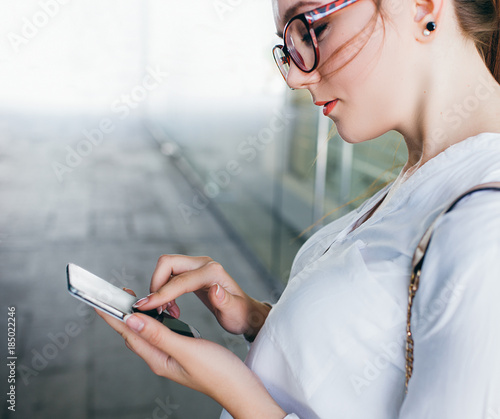 communication technology. girl using smartphone social network modern lifestyle concept