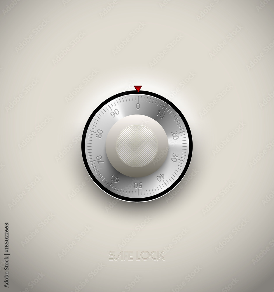 Realistic combination safe lock metal and plastic element on white background. Stainless steel round scale. Vector icon or design element Realistic combination safe lock metal and plastic element on white background. Stainless steel round scale. Vector icon or design element