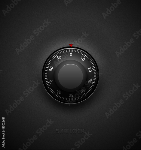 Realistic combination safe lock volume element on textured plastic black background. White round scale. Vector security icon or dark design element