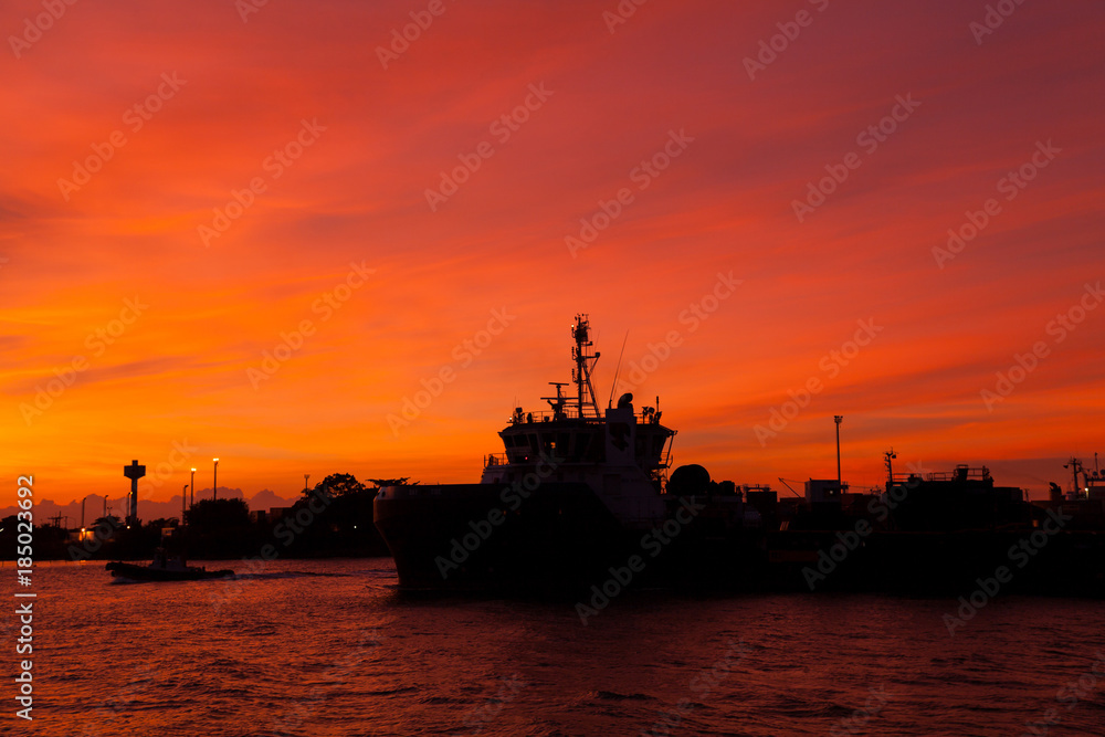 Orange Sky Silhouette Sunset of Warship Landscape