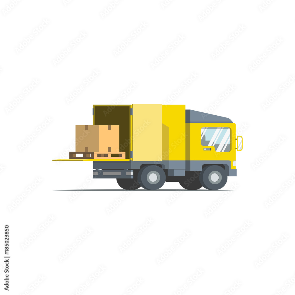 Four wheels Lorry with pallet and a package on the loading platform. Flat vector design illustration.