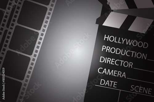 Background with film strip and film clapper. Cinema concept vector illustration.