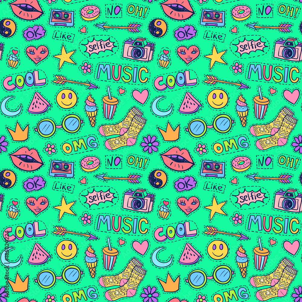 Naklejka premium Patch badges pattern doodles social media background green 2