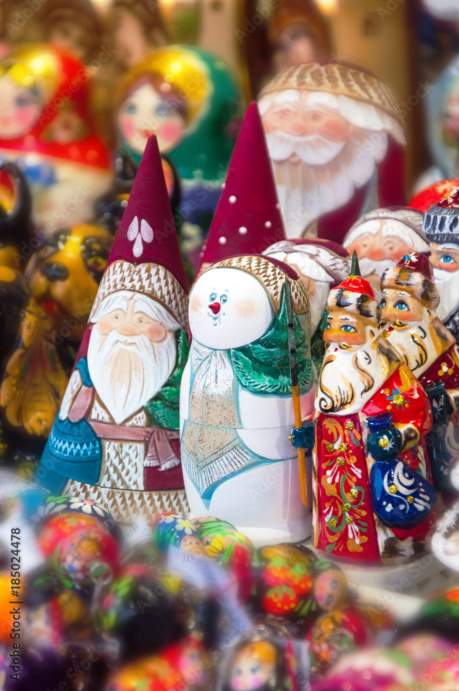 Christmas Market in Red Square, Moscow. Sale of toys, famous and popular fairy-tale characters, figurines