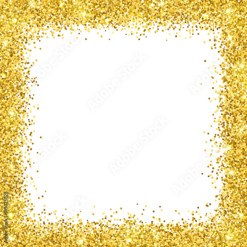 Gold glitter border frame on white backround. Vector