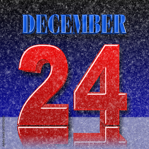 Stock Illustration - Red Bold 24 Blue Bold December, 3D Illustration, Snow Night Background.
