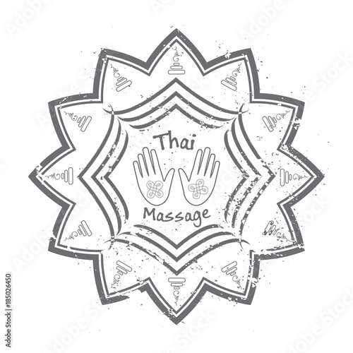 Stamp Thai massage logo in gray.  Hands and Thai pattern with dry rough edges.  Flat design. Vector illustration EPS10. 