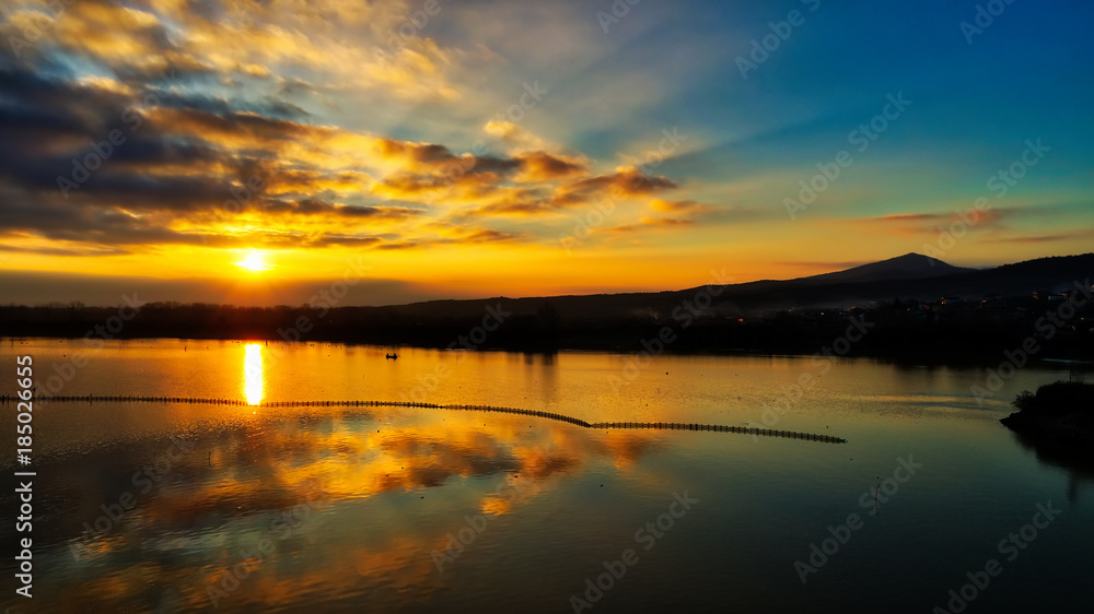 Sunrise over the wetland of Kerkini Lake in northern Greece
