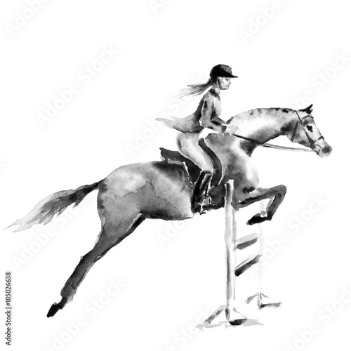 Fotografija Horseback rider girl or woman and horse jumping in forest on white