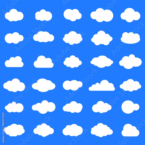 Cloud vector icon set white color on blue background. Sky flat illustration collection for web. Vector illustration