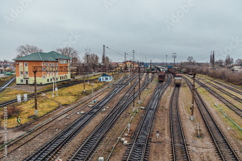 Aerial view to railway trucks. Railroad junction 