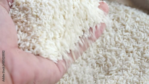 Interior close up shot of adult man hands holding Thai jasmine white rice