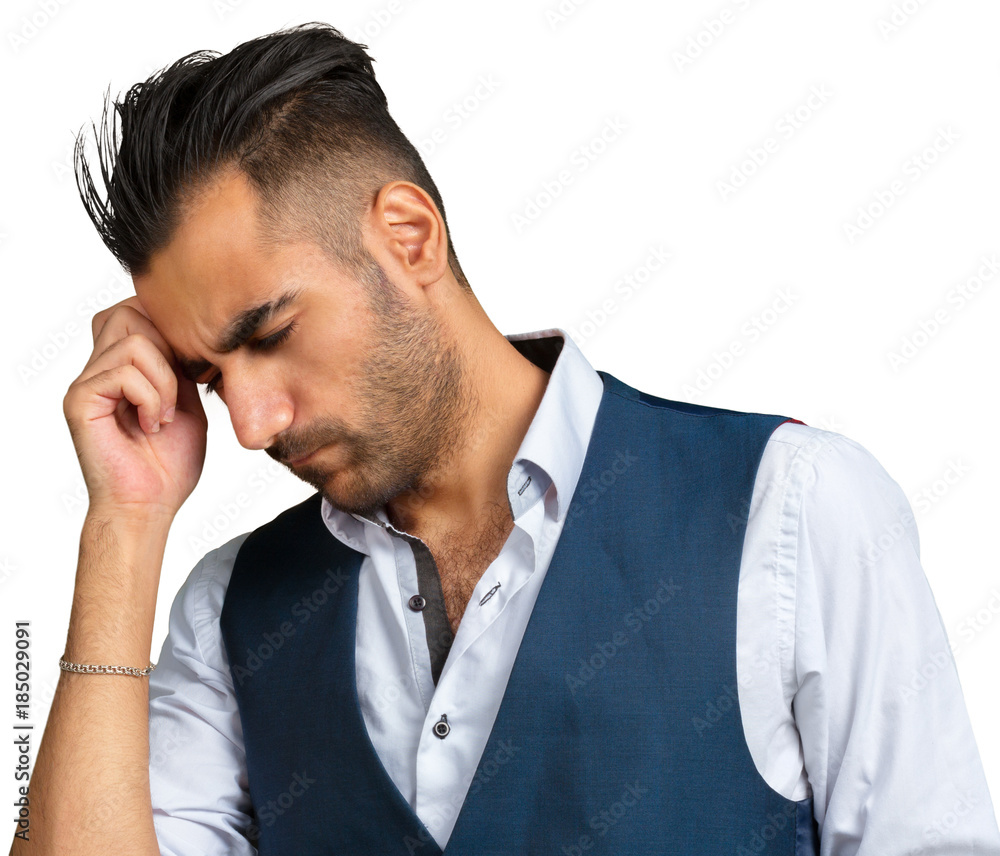 Young man thinking or using his imagination isolated on white background