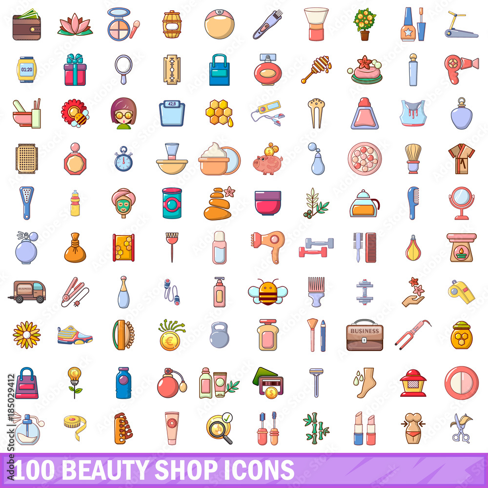 100 beauty shop icons set, cartoon style 100 beauty shop icons set, cartoon style