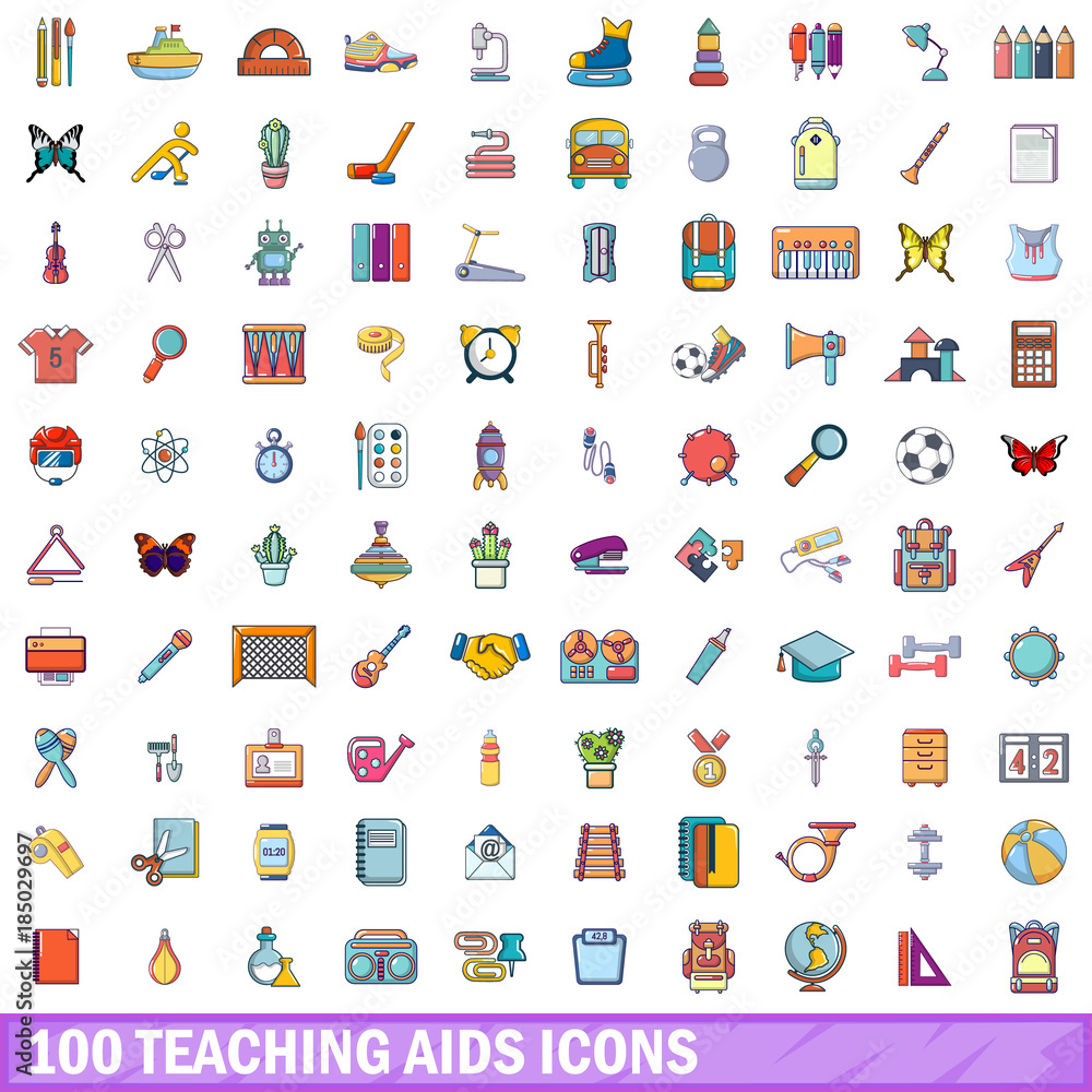 100 teaching aids icons set, cartoon style 100 teaching aids icons set, cartoon style
