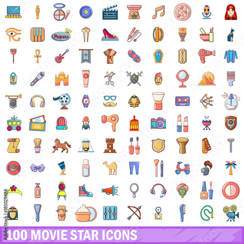100 movie star icons set, cartoon style 