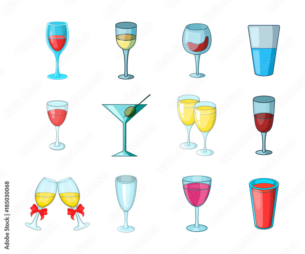 Glass icon set, cartoon style Glass icon set, cartoon style