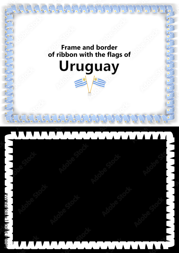 Frame and border of ribbon with the Uruguay flag for diplomas, congratulations, certificates. Alpha channel. 3d illustration
