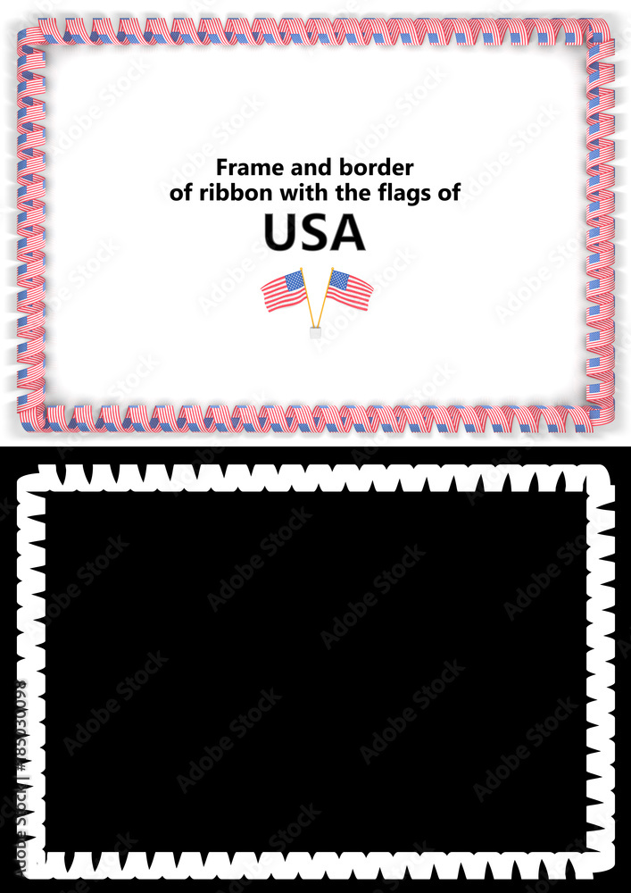 Frame and border of ribbon with the USA flag for diplomas, congratulations, certificates. Alpha channel. 3d illustration