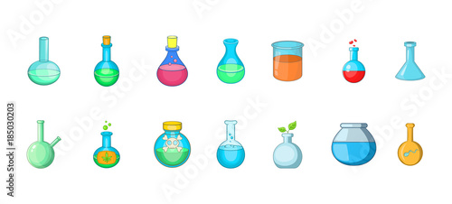 Chemical bottle icon set, cartoon style