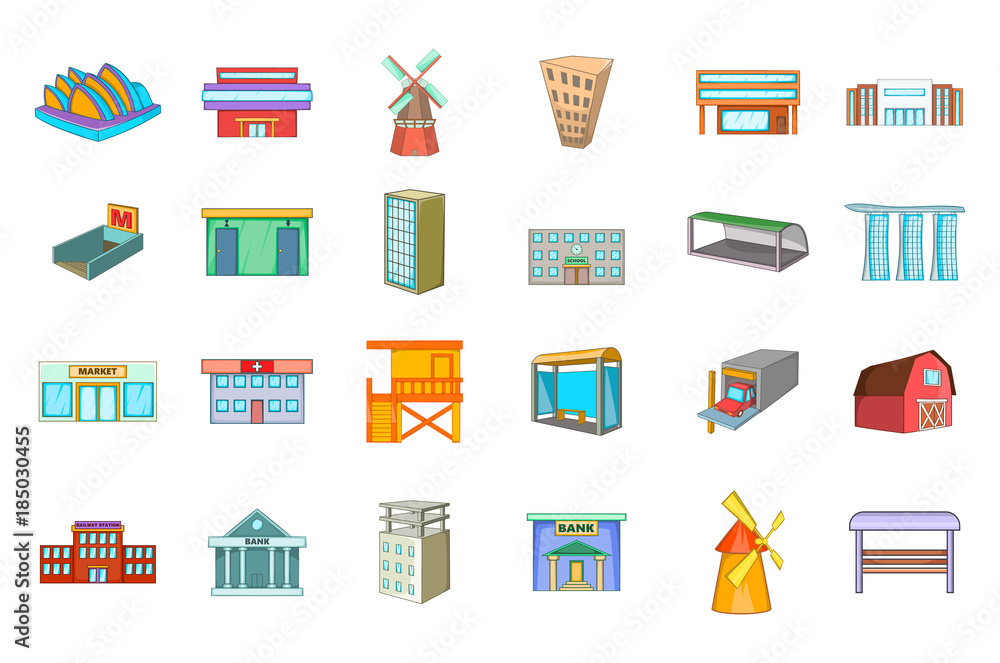 Building icon set, cartoon style Building icon set, cartoon style