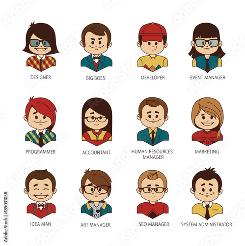 Set of round people icons your office team. Man, woman, boy, girl on white background. Professions in IT company.
