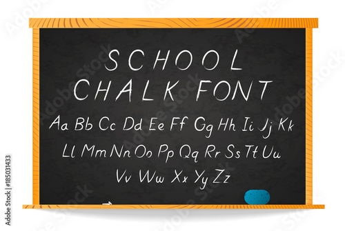 School white chalk hand-drawn cursive font on chalkboard in wooden frame on white