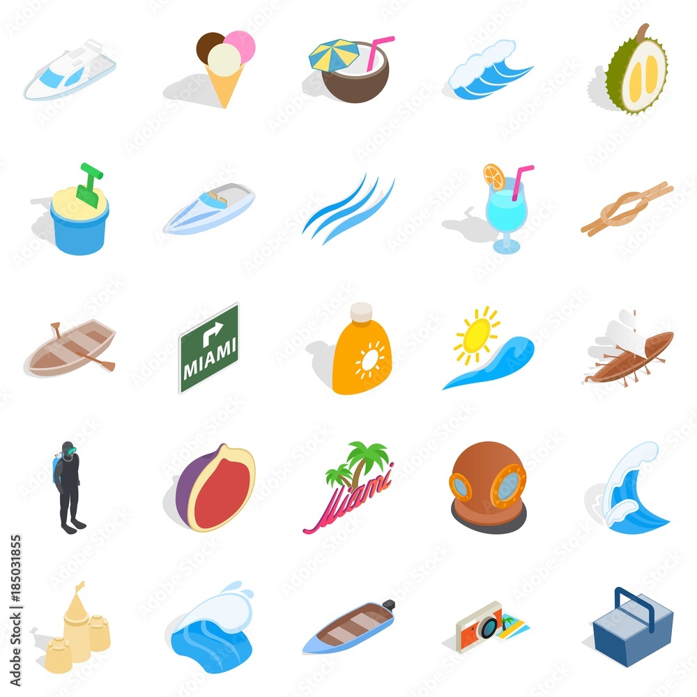 Cozy beach icons set, isometric style Cozy beach icons set, isometric style