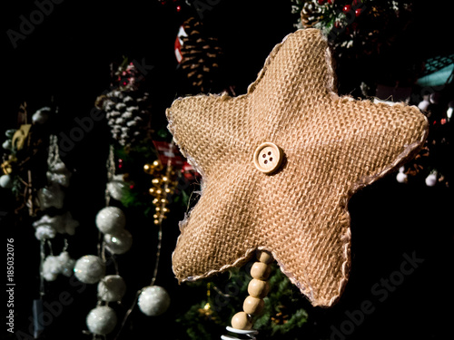 Christmas tree ornament sack cloth star with brown button