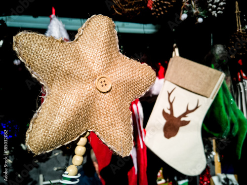 Christmas tree ornament sack cloth star with brown button