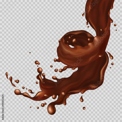 Splashing and whirl chocolate flowing in a spiral. Dynamic chocolate liquid. Chocolate, Coffee, hot chocolate, cocktail. Element for your design. Vector illustration.