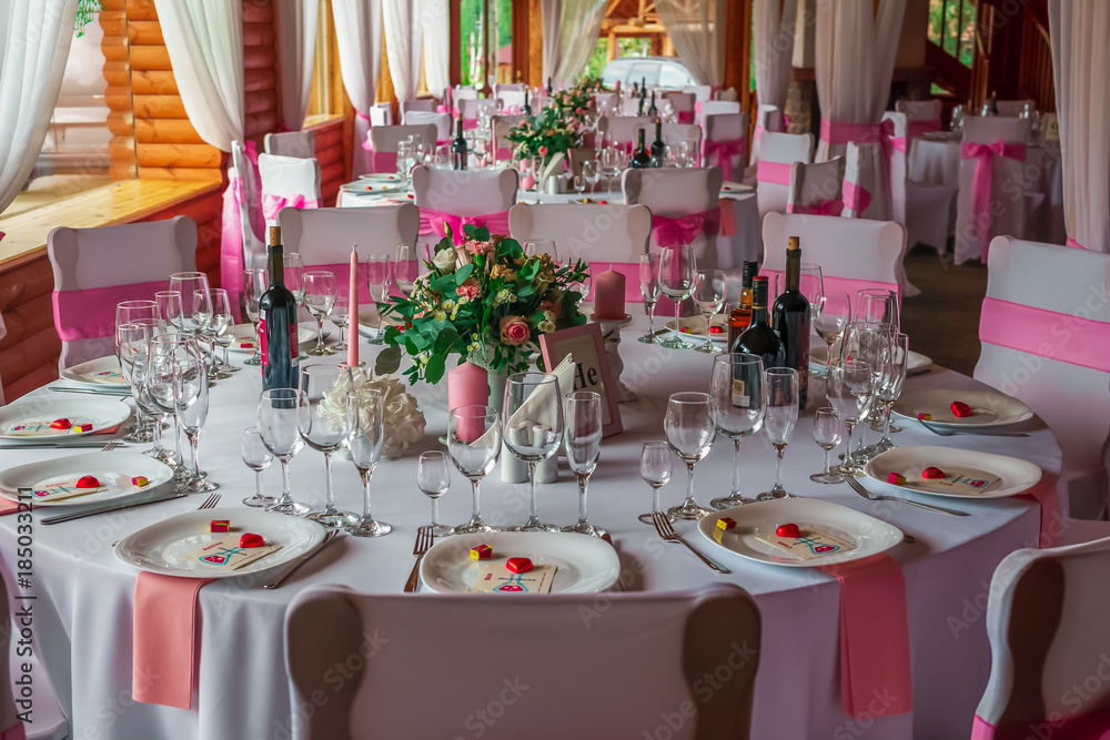Beautiful decorated wedding restaurant for marriage. Colorful decoration for celebration. Beauty bridal interior.