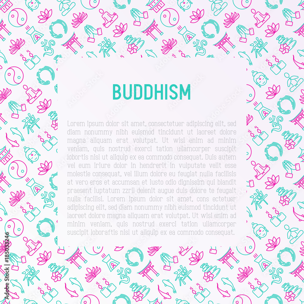 Buddhism concept with thin line icons: yoga, meditation, Buddha, Yin-Yang, candles, Aum letter, aromatherapy, pagoda, temple. Modern vector illustration for web page template.