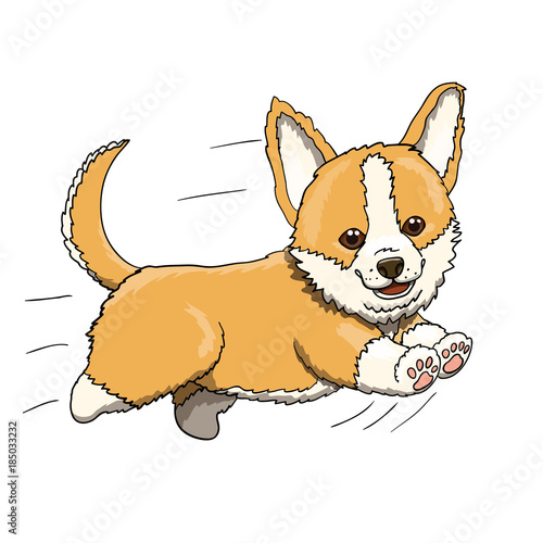 Corgi Puppy Smiling and Running at Full Speed. Cartoon Character Illustration
