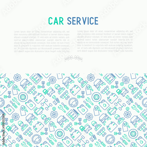 Car service concept with thin line icons of mechanic, computer diagnostics, tools, wheel, battery, transmission, jack. Modern vector illustration for banner, web page, print media.